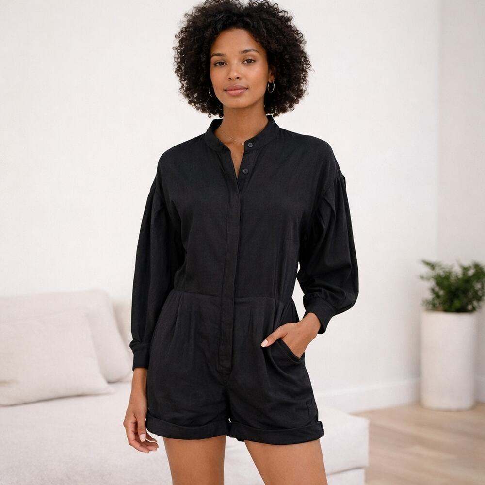 Heidi Merrick Women's Black Romper pleated sleeves size Small